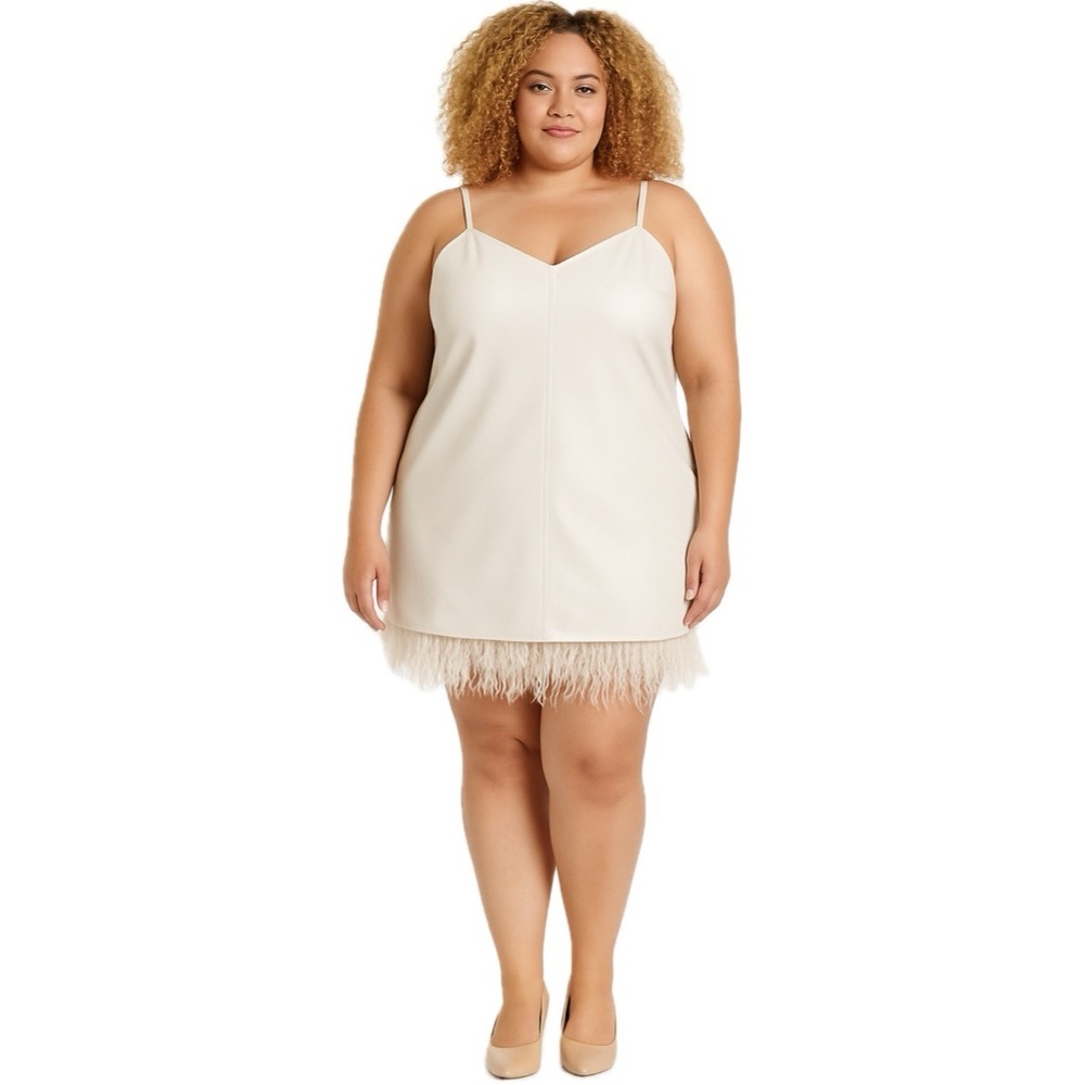 Lamarque Mollie NEW Faux Leather Feather Trim Sleeveless Dress Off White XXL